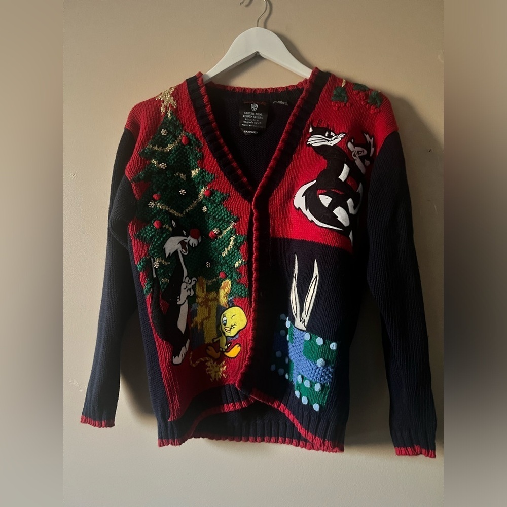 VINTAGE 1995 LOONEY TUNES/WARNER BROS.EAGLES EYE HAND KNIT XMAS SWEATER SIZE S - Picture 5 of 12